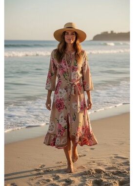 Farm Rio Woven Floral Linen Midi Ruffle Beaded Beachy Summer Vacation Dress S